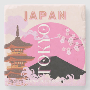 Tokyo Japan Travel Art, Retro Travel Art, Pink Stone Coaster