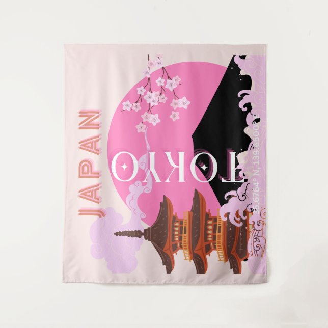Tokyo Japan Travel Art, Retro Travel Art, Pink Tapestry (Front)