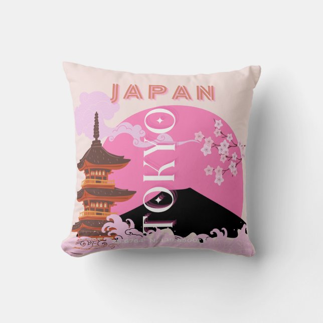 Tokyo Japan Travel Art, Retro Travel Art, Pink Throw Pillow (Front)