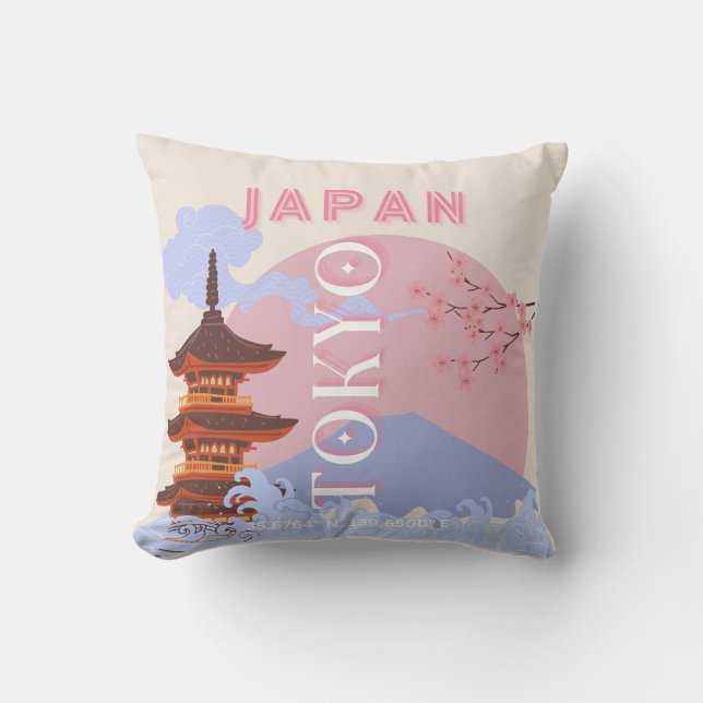 Tokyo Japan Travel Art, Retro Travel Art, Pink Throw Pillow (Front)
