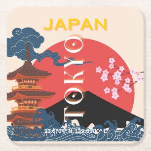 Tokyo Japan Travel Art, Retro Travel Art Square Paper Coaster