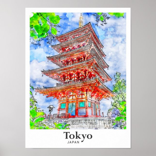 Tokyo Japan Travel Watercolor Hand Drawn Poster (Front)