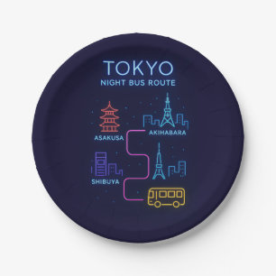 Tokyo Night Bus Route Neon Art – Japan Travel Paper Plates