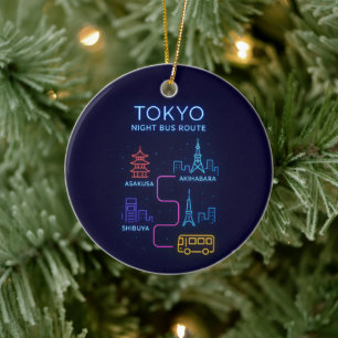 Tokyo Night Bus Route Neon Design – Japan Travel Ceramic Ornament