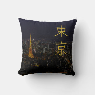 Tokyo Nighttime Cityscape Japanese Kanji Throw Pillow
