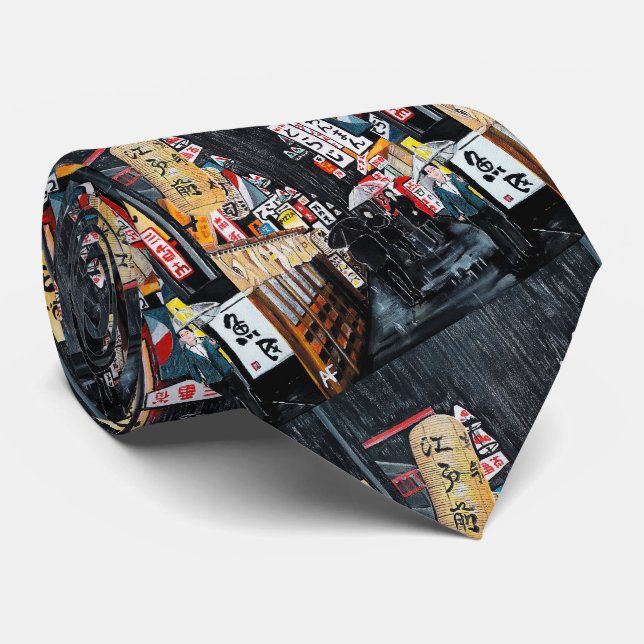 Tokyo Rain Painting by Alfred Fox Neck Tie (Rolled)
