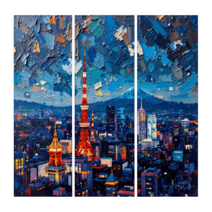 Tokyo Skyline Night Triptych Wall Art