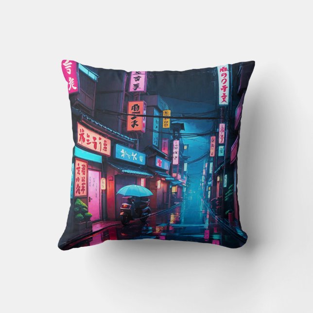 Tokyo Street At Night LoFi Art  Throw Pillow (Back)