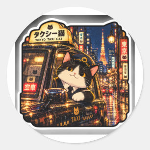 Tokyo Taxi Cat Sticker   Japanese City Night Art
