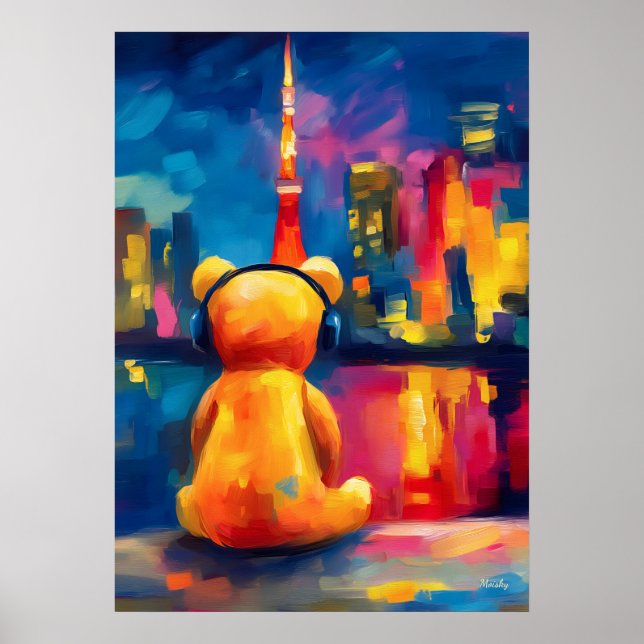 Tokyo Teddy Neon Skyline Night Reflection Poster (Front)