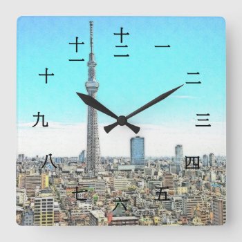 Tokyo Tower Skyline In Black Chinese Numerals Square Wall Clock by CreativeMastermind at Zazzle