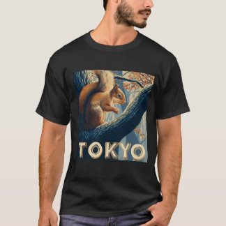 Tokyo Travel Poster — Art-Deco Squirrel in Forest T-Shirt