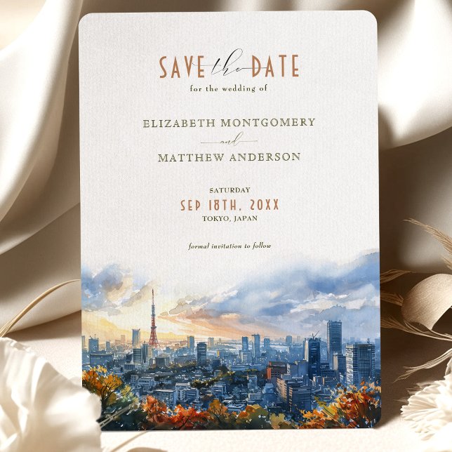 Tokyo Watercolor Skyline Save-the-Date Invitation (Creator Uploaded)