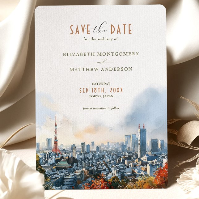 Tokyo Watercolor Skyline Save-the-Date Invitation (Creator Uploaded)