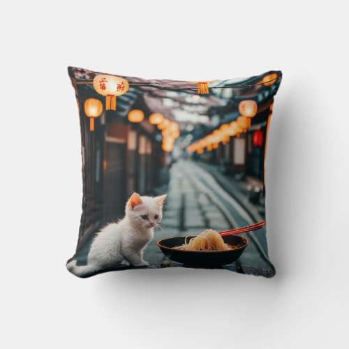 Tokyos Noodle Delight A Feline Feast at Dusk Throw Pillow