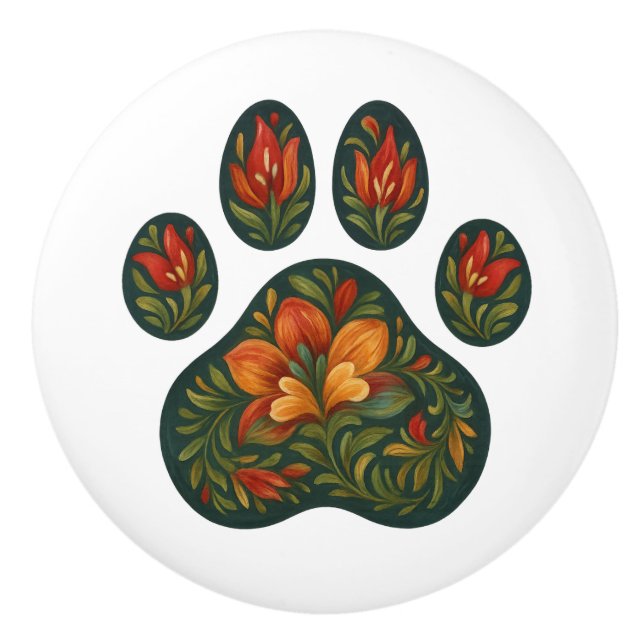 Tole-Painted Pawprint Design Folk Art Ceramic Knob (Front)