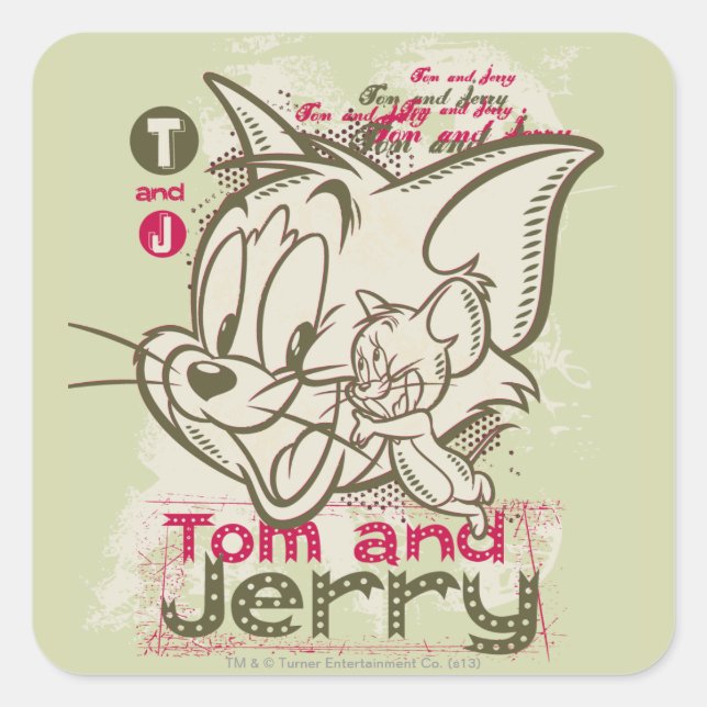 Tom and Jerry Pink and Green Square Sticker (Front)