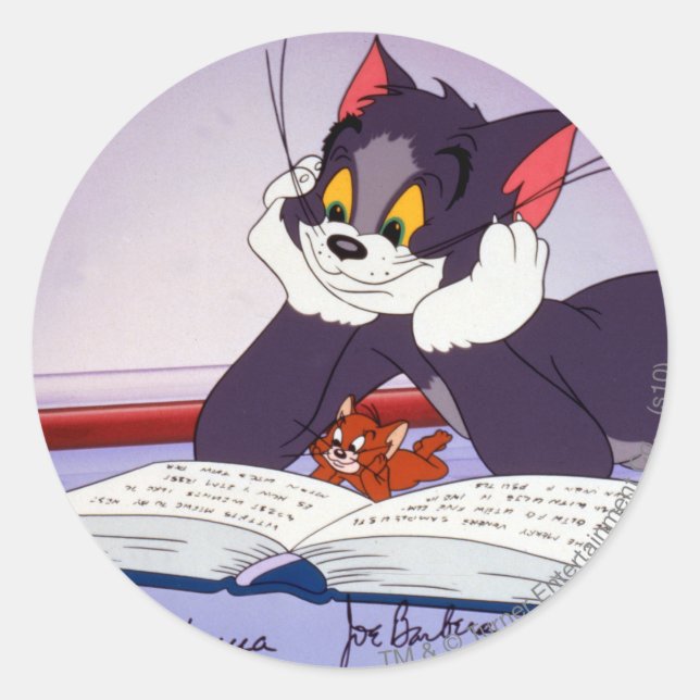 Tom And Jerry Reading Book Autographed Classic Round Sticker (Front)