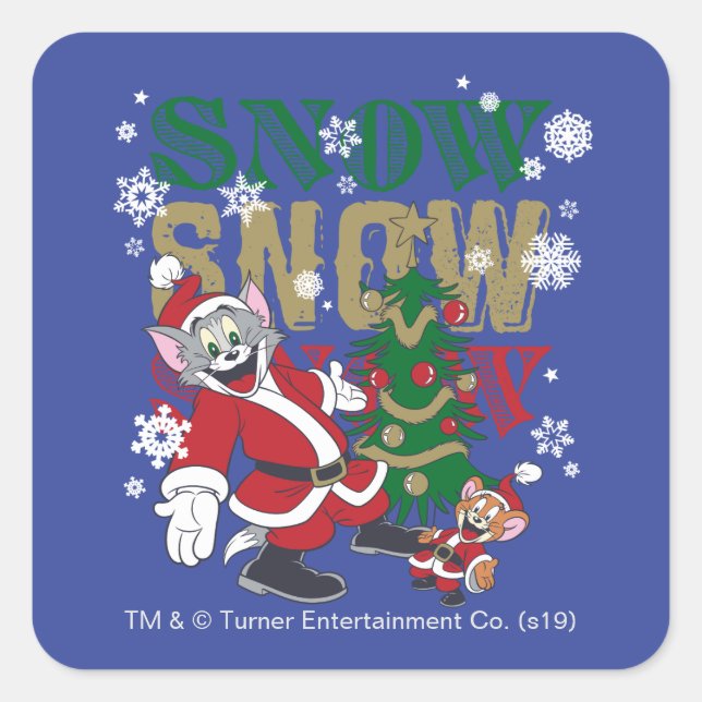 Tom and Jerry Santas By The Tree Square Sticker (Front)