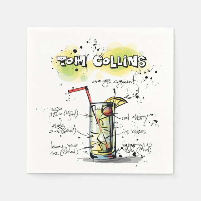 Tom Collins Drink Recipe Cocktail Napkin (Front)