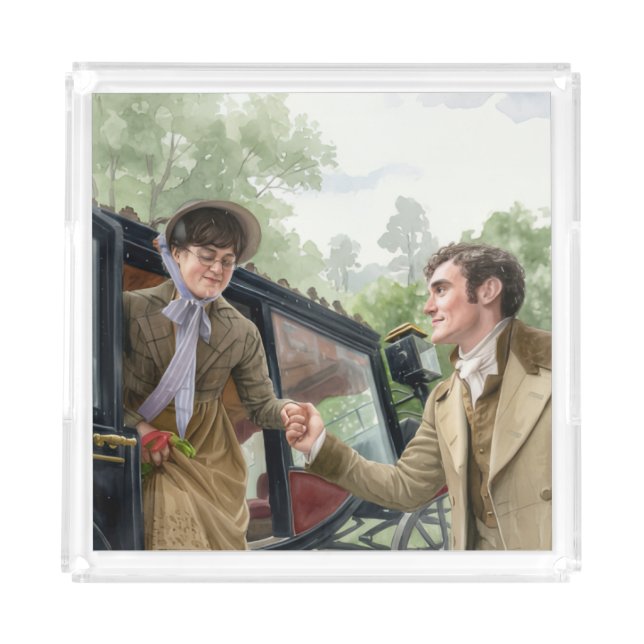 Tom handing Mary out of a carriage Acrylic Tray (Front)