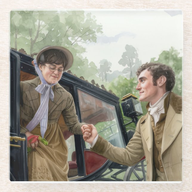 Tom handing Mary out of a carriage Glass Coaster (Front)