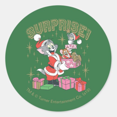 Tom Jerry and Nibbles Holiday Surprise Classic Round Sticker