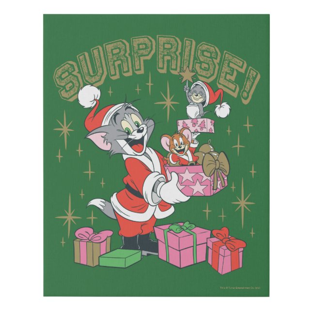 Tom, Jerry, and Nibbles Holiday Surprise Faux Canvas Print (Front)