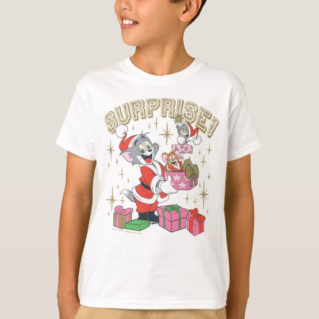 Tom, Jerry, and Nibbles Holiday Surprise T-Shirt (Front)