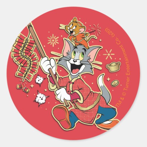 Tom  Jerry Lighting Firecrackers Classic Round Sticker