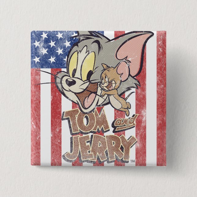 Tom & Jerry With US Flag Pinback Button (Front)