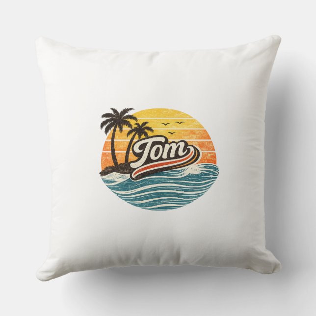 Tom Retro Sunset Name Design Throw Pillow (Back)