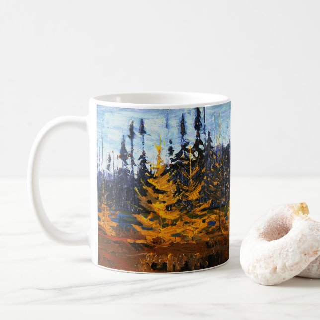 Tom Thomson Painting Tamaracks Canadian Wilderness Coffee Mug (With Donut)