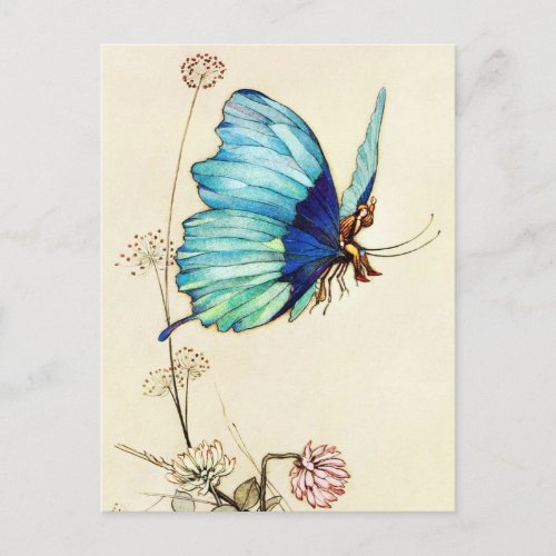 Tom Thumb Hitches a Ride on a Blue Butterfly Postcard