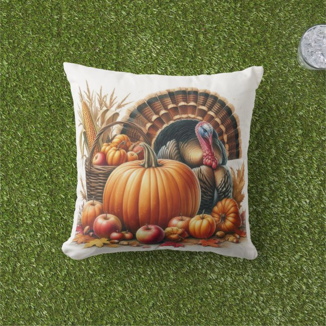 Tom Turkey and Pumpkin Thanksgiving Holiday  Outdoor Pillow (Grass)