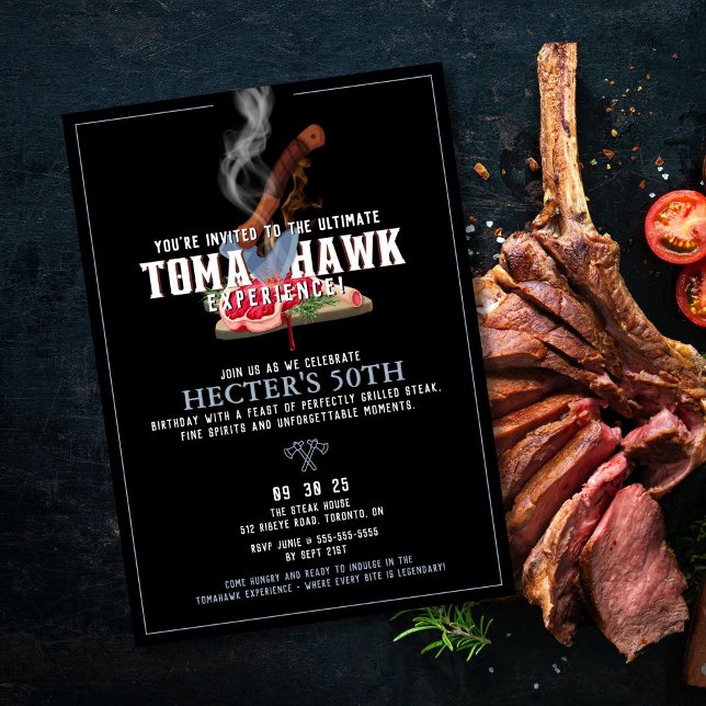 Tomahawk Birthday Invitation (Bold tomahawk steak birthday invitation with fiery details for a memorable celebration.







)