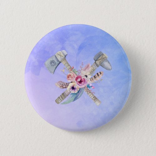 Tomahawk Feathers and Flowers Watercolor Design Button