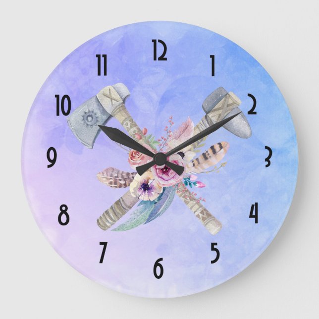 Tomahawk Feathers and Flowers Watercolor Design Large Clock (Front)