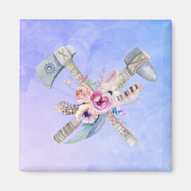 Tomahawk Feathers and Flowers Watercolor Design Magnet (Front)