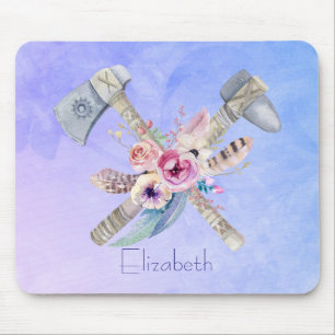 Tomahawk Feathers and Flowers Watercolor Design Mouse Pad