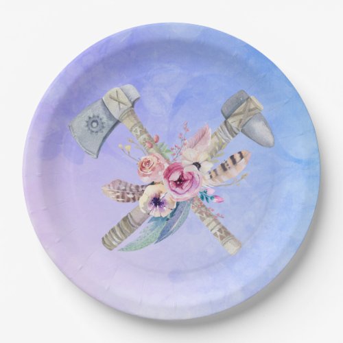 Tomahawk Feathers and Flowers Watercolor Design Paper Plates