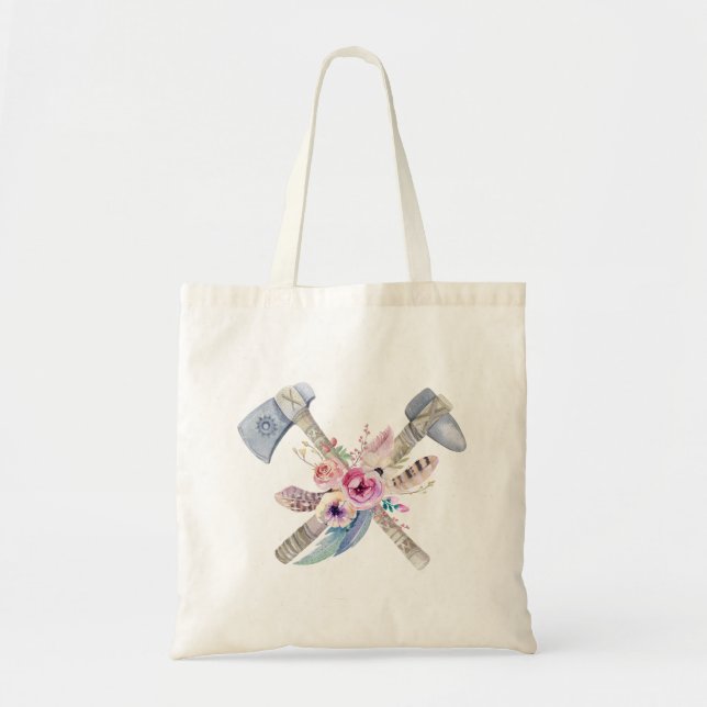 Tomahawk Feathers and Flowers Watercolor Design Tote Bag (Front)