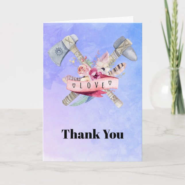 Tomahawk Feathers Flowers and Love Thank You Card (Front)
