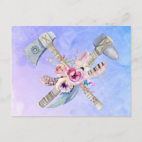 Tomahawk Hammer and Flowers Watercolor Design Postcard