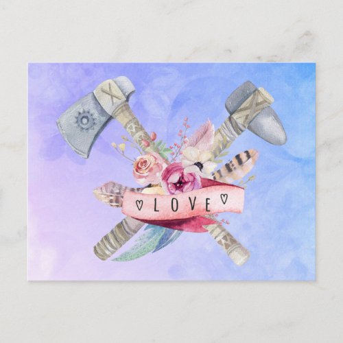 Tomahawk Hammer and Flowers Watercolor Design Postcard