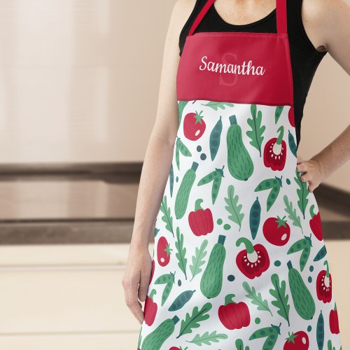 Tomato and Cucumber Vegetable Pattern w Name Red Apron