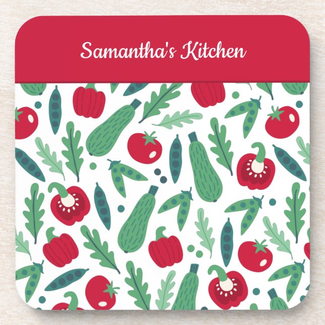 Tomato and Cucumber Vegetable Pattern w Name Red Beverage Coaster (Front)