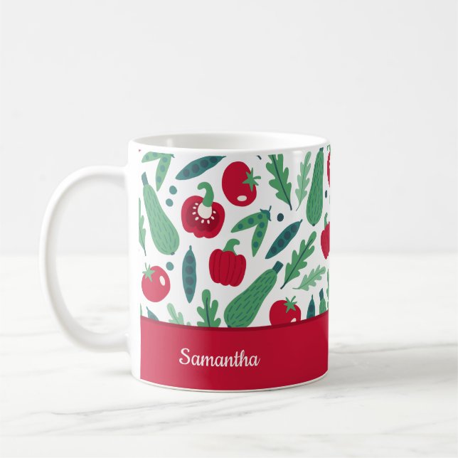 Tomato and Cucumber Vegetable Pattern w Name Red Coffee Mug (Left)