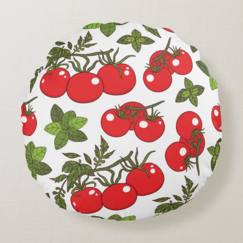 Tomato Basil Seamless Kitchen Pattern Round Pillow