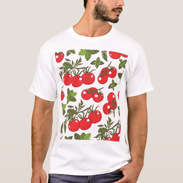Tomato Basil Seamless Kitchen Pattern T-Shirt (Front)